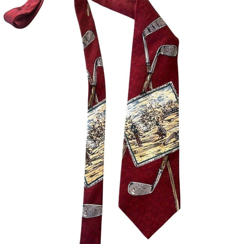 Vintage Stuart Hughes Golf Necktie Red Silk Novelty Sports Club Handmade Tie